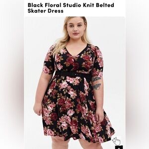 Torrid Black floral belted skater dress